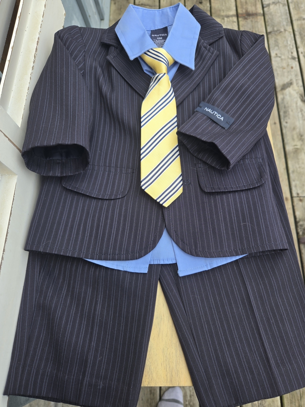 Nautica Boys 12 Mths Navy Pinstripe Suit with Light Blue Shirt and Yellow Tie